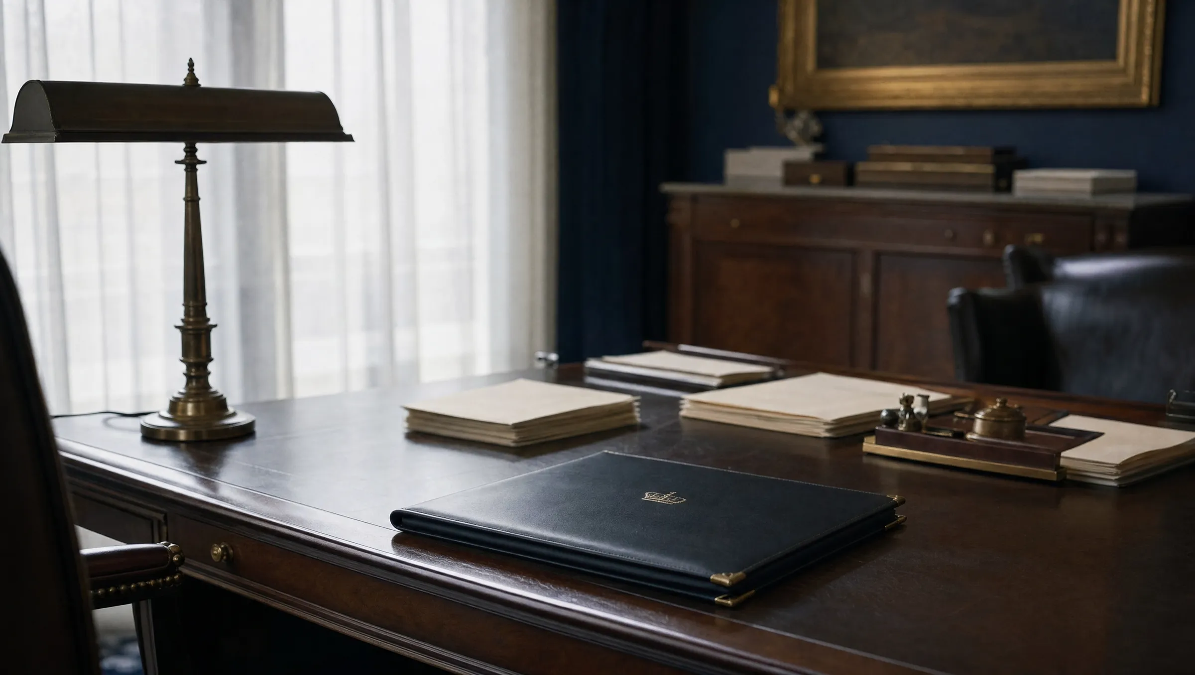 A walnut desk by a tall window in early morning light, with a leather portfolio embossed with a small crown