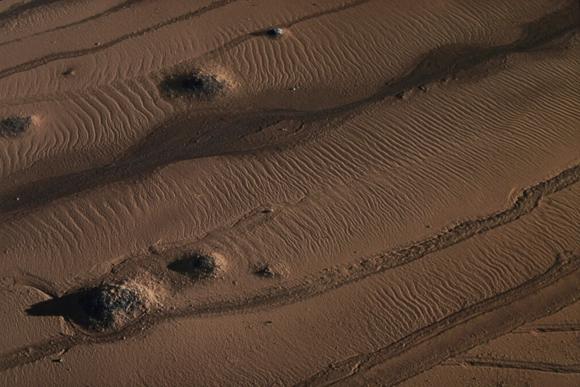 Aerial view of wind-rippled sand and dark gravel bands in the Eastern Desert