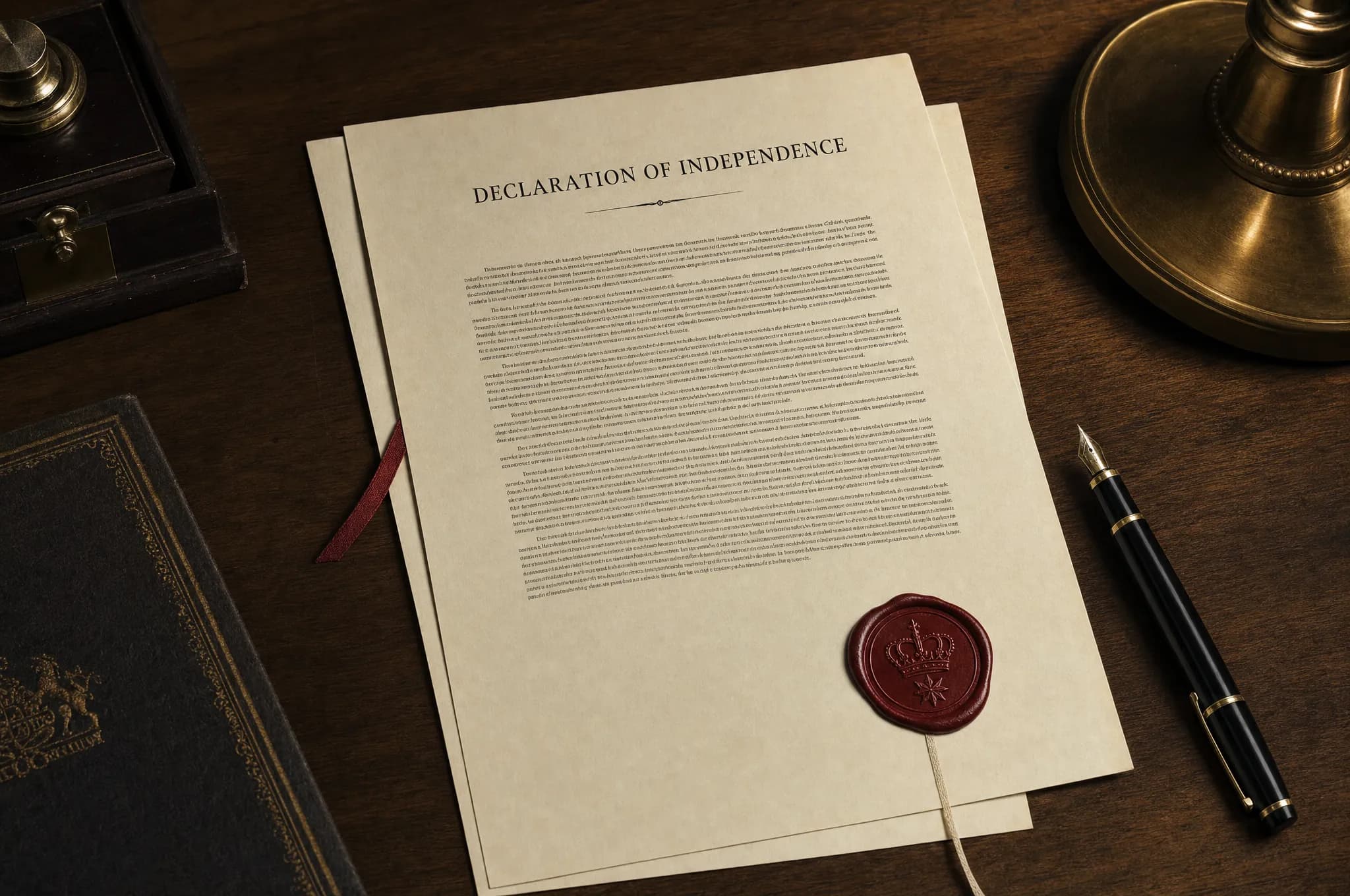 The Declaration of Independence on cream paper, sealed in red wax with the crown and star, beside a fountain pen